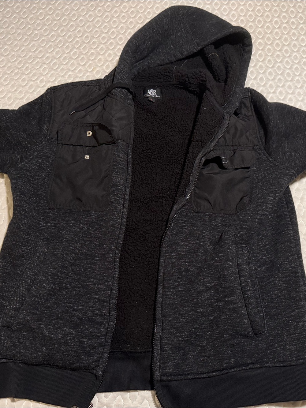 Rock & Republic Black Heather Hooded Zip Jacket with Sherpa Lining